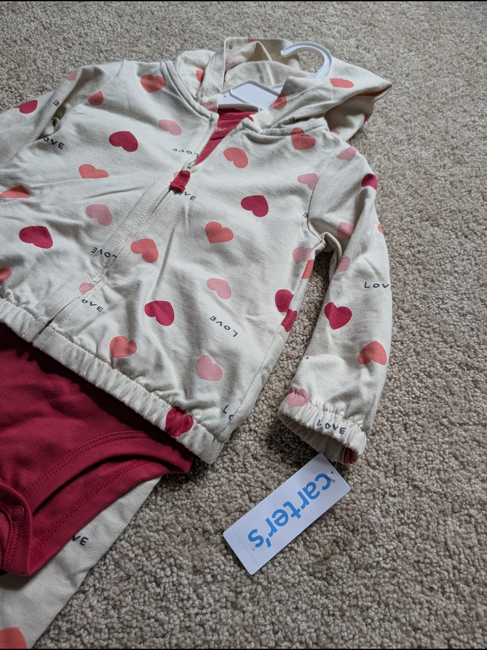 Carter's Cream Hooded Jacket with Pink & Red Heart Print and Berry Bodysuit